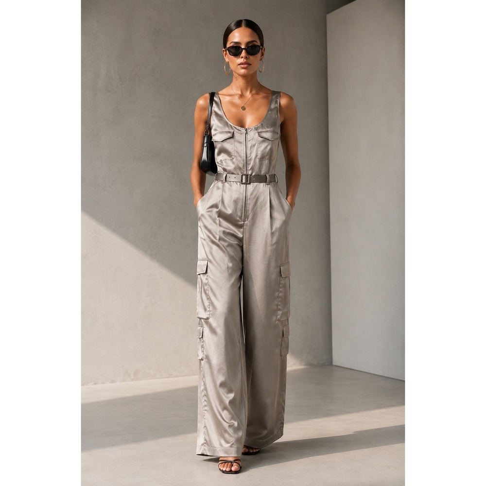 Self-Portrait Satin Jumpsuit Womens 6 Beige New Utility Cargo PF24-157P-BG